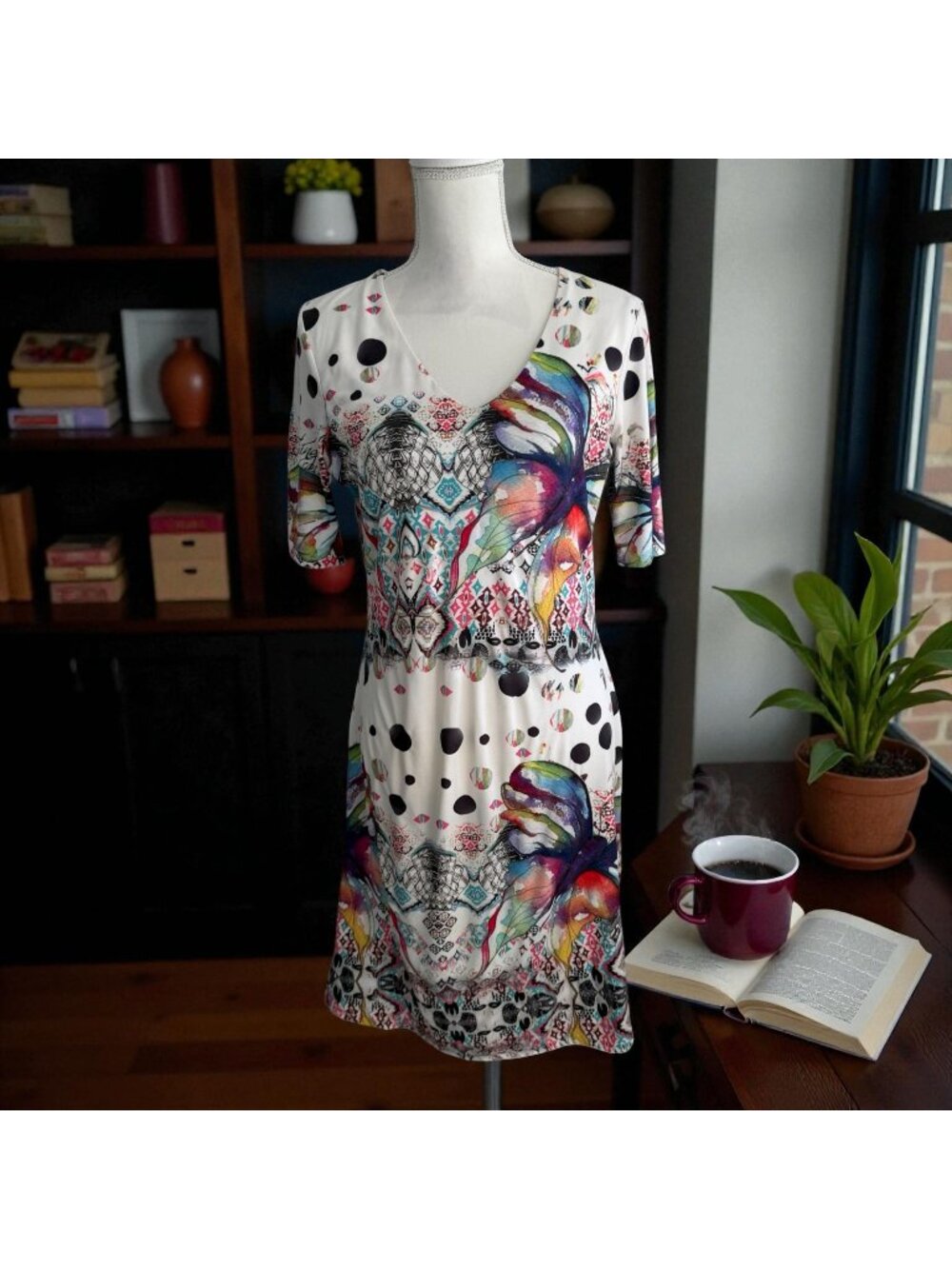 TANGO MANGO Multicolor Butterfly Short Sleeve Dress Size XS/S